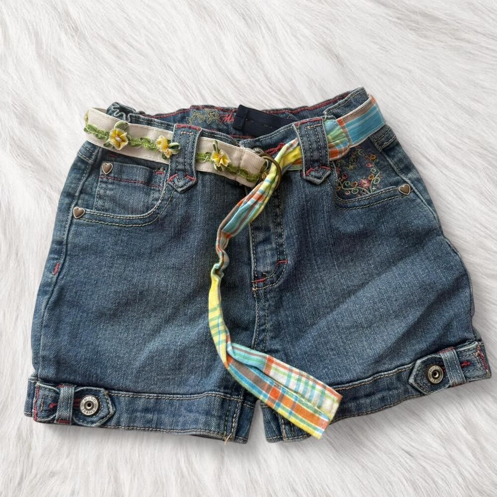 Mudd kids Y2K Fairycore embroidered denim shorts jorts with plaid belt  - Size 5